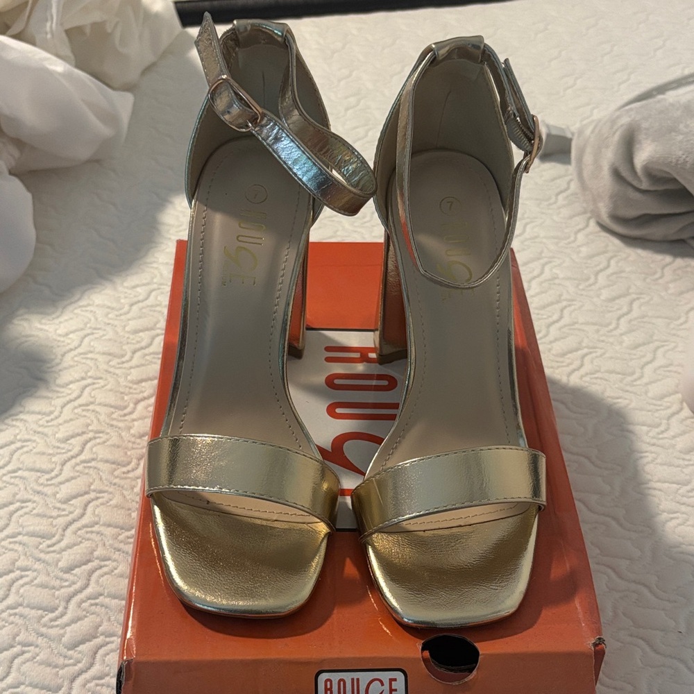 Rouge Helium Metallic Gold Ankle-Strap Block Heels